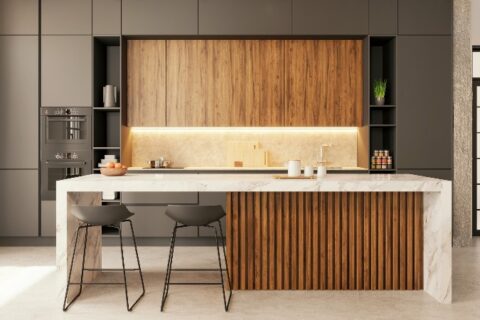 Kitchen with wood tones and marble island from We Do Kitchens 2