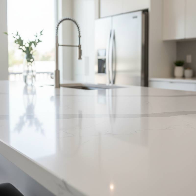 A close-up shot of a pristine white quartz countertop with subtle grey veining in a bright, modern kitchen setting.